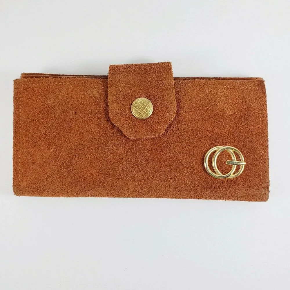 Vtg Camel Tan Suede Wallet Pocket Book Gold Tone Accents Pocket Book Retro 70s